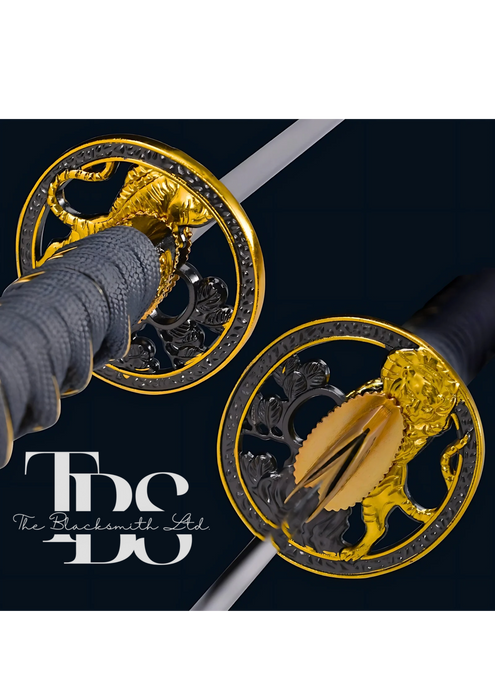 Handcrafted Damascus Steel Katana Sword – Grey Threaded Handle with Golden Detailing, Black, Gold, and Grey Blade Cover with Black Lace – Full Tang Samurai Sword for Collectors, Anniversaries, Christmas, or Groomsmen Gifts - TheBlacksmithLtd #