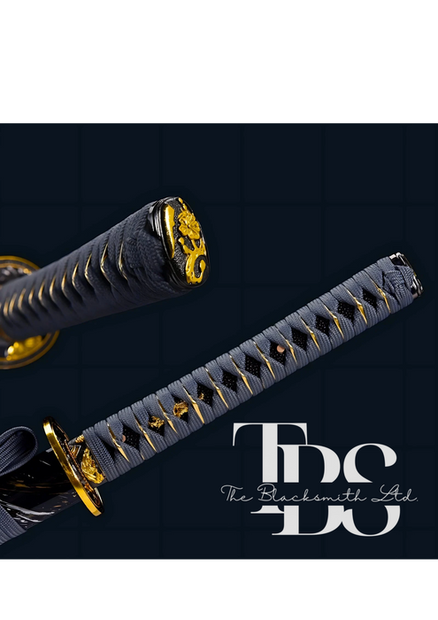 Handcrafted Damascus Steel Katana Sword – Grey Threaded Handle with Golden Detailing, Black, Gold, and Grey Blade Cover with Black Lace – Full Tang Samurai Sword for Collectors, Anniversaries, Christmas, or Groomsmen Gifts - TheBlacksmithLtd #