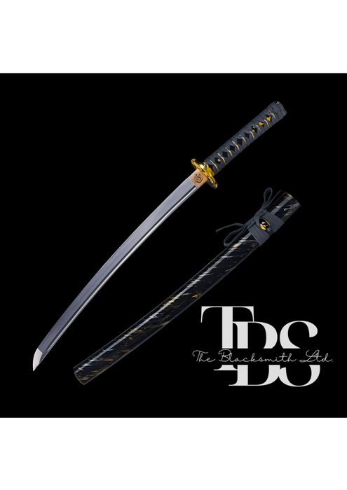 Handcrafted Damascus Steel Katana Sword – Grey Threaded Handle with Golden Detailing, Black, Gold, and Grey Blade Cover with Black Lace – Full Tang Samurai Sword for Collectors, Anniversaries, Christmas, or Groomsmen Gifts - TheBlacksmithLtd #