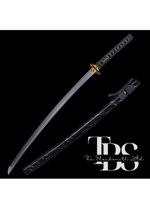 Handcrafted Damascus Steel Katana Sword – Grey Threaded Handle with Golden Detailing, Black, Gold, and Grey Blade Cover with Black Lace – Full Tang Samurai Sword for Collectors, Anniversaries, Christmas, or Groomsmen Gifts - TheBlacksmithLtd #