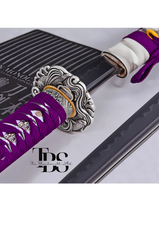 Handmade Damascus Steel Katana Sword – Purple Handle with White Blade Cover and Silver Detailing Below Handle – Full Tang Samurai Sword for Collectors, Anniversaries, Christmas, or Groomsmen Gifts - TheBlacksmithLtd #