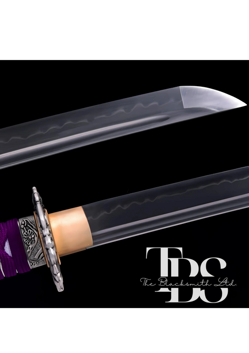 Handmade Damascus Steel Katana Sword – Purple Handle with White Blade Cover and Silver Detailing Below Handle – Full Tang Samurai Sword for Collectors, Anniversaries, Christmas, or Groomsmen Gifts - TheBlacksmithLtd #