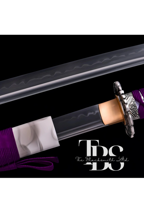 Handmade Damascus Steel Katana Sword – Purple Handle with White Blade Cover and Silver Detailing Below Handle – Full Tang Samurai Sword for Collectors, Anniversaries, Christmas, or Groomsmen Gifts - TheBlacksmithLtd #