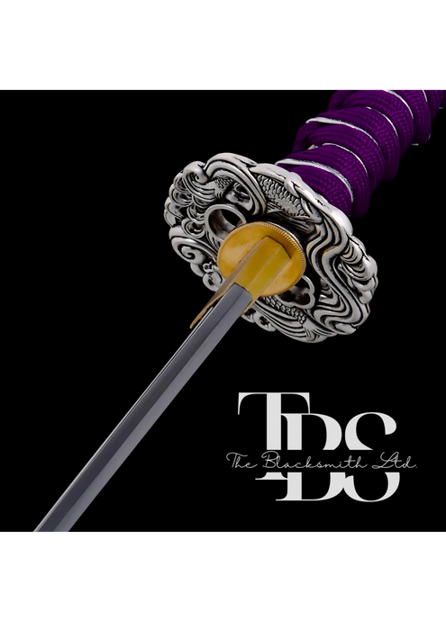 Handmade Damascus Steel Katana Sword – Purple Handle with White Blade Cover and Silver Detailing Below Handle – Full Tang Samurai Sword for Collectors, Anniversaries, Christmas, or Groomsmen Gifts - TheBlacksmithLtd #