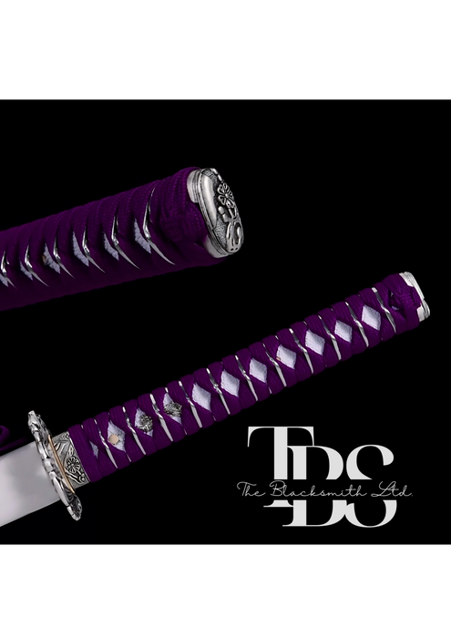 Handmade Damascus Steel Katana Sword – Purple Handle with White Blade Cover and Silver Detailing Below Handle – Full Tang Samurai Sword for Collectors, Anniversaries, Christmas, or Groomsmen Gifts - TheBlacksmithLtd #