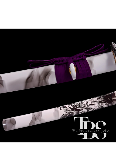 Handmade Damascus Steel Katana Sword – Purple Handle with White Blade Cover and Silver Detailing Below Handle – Full Tang Samurai Sword for Collectors, Anniversaries, Christmas, or Groomsmen Gifts - TheBlacksmithLtd #