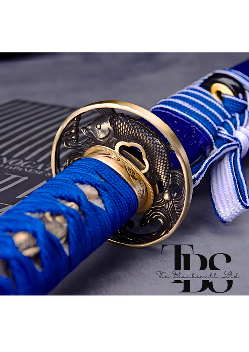 Handmade Damascus Steel Katana Sword – Blue Handle and Blade Cover with Golden and Black Detailing Below Handle – Full Tang Samurai Sword for Collectors, Anniversaries, Christmas, or Groomsmen Gifts - TheBlacksmithLtd #