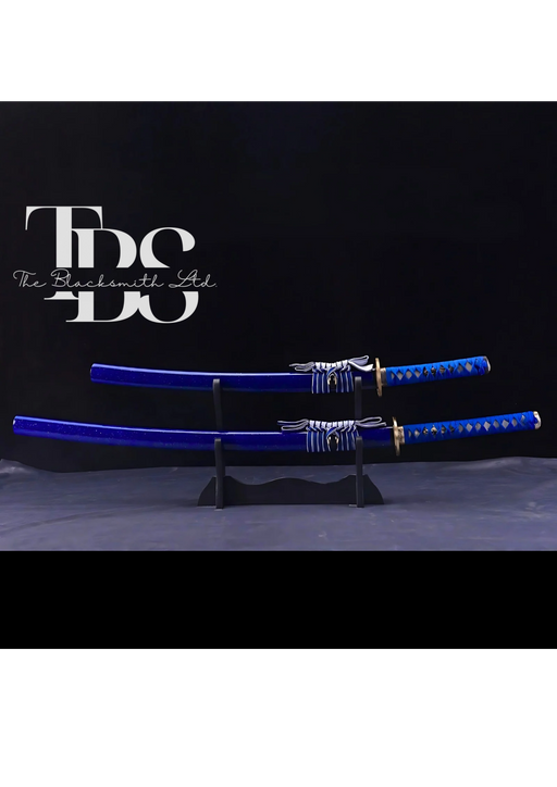 Handmade Damascus Steel Katana Sword – Blue Handle and Blade Cover with Golden and Black Detailing Below Handle – Full Tang Samurai Sword for Collectors, Anniversaries, Christmas, or Groomsmen Gifts - TheBlacksmithLtd #