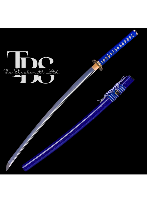 Handmade Damascus Steel Katana Sword – Blue Handle and Blade Cover with Golden and Black Detailing Below Handle – Full Tang Samurai Sword for Collectors, Anniversaries, Christmas, or Groomsmen Gifts - TheBlacksmithLtd #