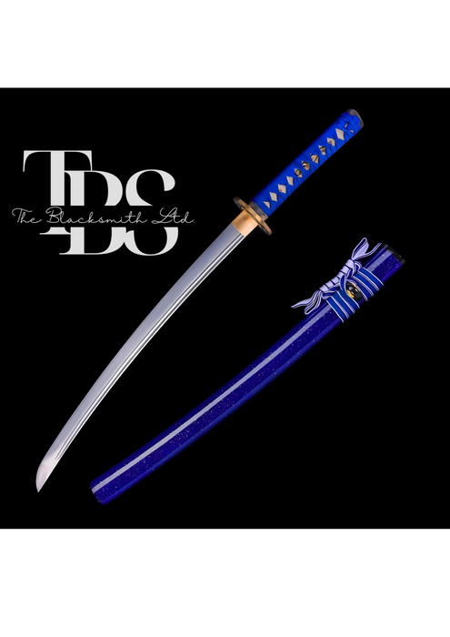 Handmade Damascus Steel Katana Sword – Blue Handle and Blade Cover with Golden and Black Detailing Below Handle – Full Tang Samurai Sword for Collectors, Anniversaries, Christmas, or Groomsmen Gifts - TheBlacksmithLtd #