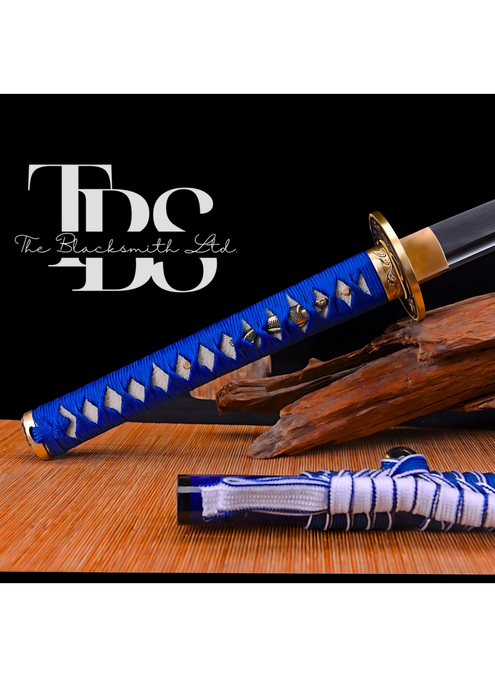 Handmade Damascus Steel Katana Sword – Blue Handle and Blade Cover with Golden and Black Detailing Below Handle – Full Tang Samurai Sword for Collectors, Anniversaries, Christmas, or Groomsmen Gifts - TheBlacksmithLtd #