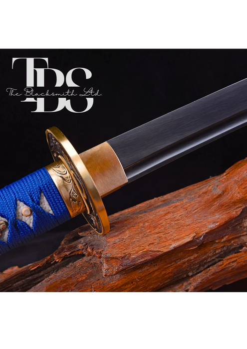 Handmade Damascus Steel Katana Sword – Blue Handle and Blade Cover with Golden and Black Detailing Below Handle – Full Tang Samurai Sword for Collectors, Anniversaries, Christmas, or Groomsmen Gifts - TheBlacksmithLtd #