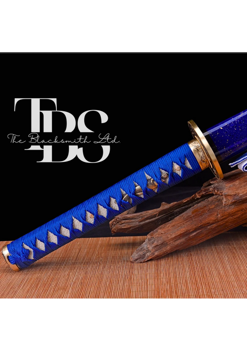 Handmade Damascus Steel Katana Sword – Blue Handle and Blade Cover with Golden and Black Detailing Below Handle – Full Tang Samurai Sword for Collectors, Anniversaries, Christmas, or Groomsmen Gifts - TheBlacksmithLtd #