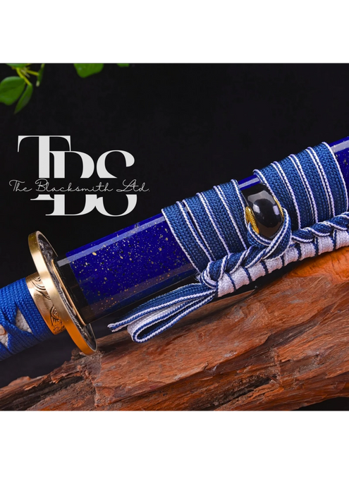 Handmade Damascus Steel Katana Sword – Blue Handle and Blade Cover with Golden and Black Detailing Below Handle – Full Tang Samurai Sword for Collectors, Anniversaries, Christmas, or Groomsmen Gifts - TheBlacksmithLtd #