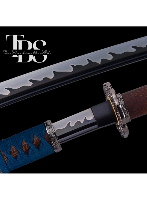 Handcrafted Damascus Steel Katana Sword with Blue Threaded Handle, Decorative Blade Design, Customizable Engravings, and Elegant Wooden Blade Cover, Anniversaries, Christmas, or Groomsmen Gifts - TheBlacksmithLtd #