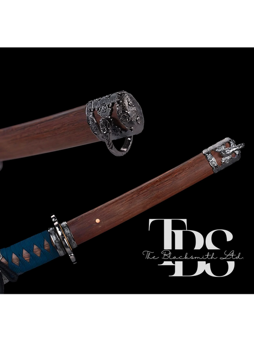 Handcrafted Damascus Steel Katana Sword with Blue Threaded Handle, Decorative Blade Design, Customizable Engravings, and Elegant Wooden Blade Cover, Anniversaries, Christmas, or Groomsmen Gifts - TheBlacksmithLtd #