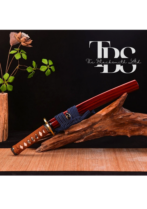 Handmade Damascus Steel Katana Sword – Orange Handle with Blue Lace and Golden Detailing Near Handle – Orange Blade Cover with Blue Lace – Full Tang Samurai Sword for Collectors, Anniversaries, Christmas, or Groomsmen Gifts - TheBlacksmithLtd #