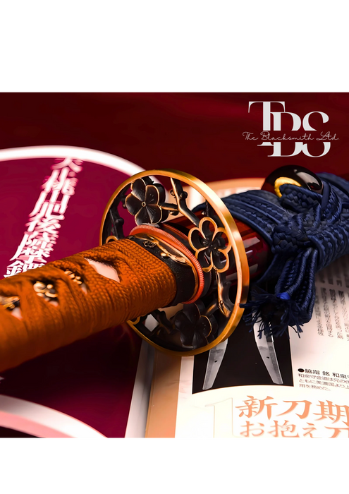 Handmade Damascus Steel Katana Sword – Orange Handle with Blue Lace and Golden Detailing Near Handle – Orange Blade Cover with Blue Lace – Full Tang Samurai Sword for Collectors, Anniversaries, Christmas, or Groomsmen Gifts - TheBlacksmithLtd #