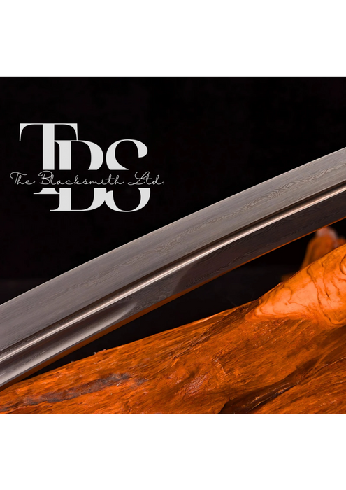 Handmade Damascus Steel Katana Sword – Orange Handle with Blue Lace and Golden Detailing Near Handle – Orange Blade Cover with Blue Lace – Full Tang Samurai Sword for Collectors, Anniversaries, Christmas, or Groomsmen Gifts - TheBlacksmithLtd #