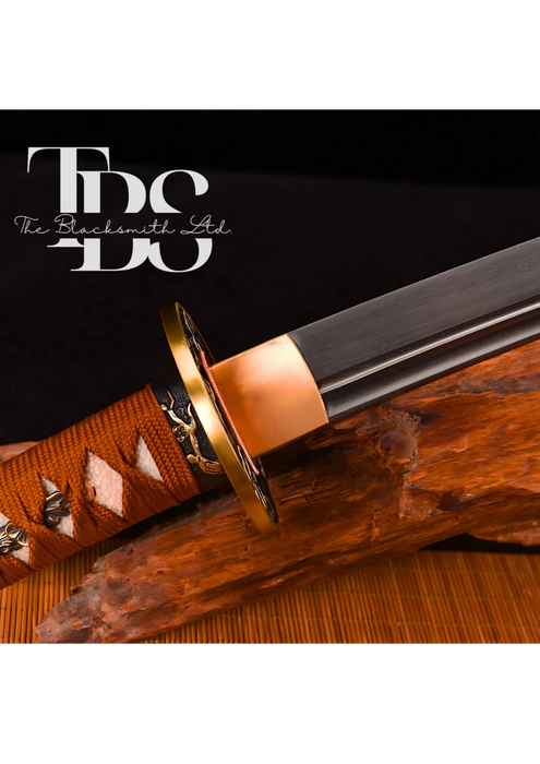 Handmade Damascus Steel Katana Sword – Orange Handle with Blue Lace and Golden Detailing Near Handle – Orange Blade Cover with Blue Lace – Full Tang Samurai Sword for Collectors, Anniversaries, Christmas, or Groomsmen Gifts - TheBlacksmithLtd #