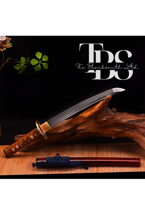 Handmade Damascus Steel Katana Sword – Orange Handle with Blue Lace and Golden Detailing Near Handle – Orange Blade Cover with Blue Lace – Full Tang Samurai Sword for Collectors, Anniversaries, Christmas, or Groomsmen Gifts - TheBlacksmithLtd #