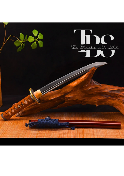 Handmade Damascus Steel Katana Sword – Orange Handle with Blue Lace and Golden Detailing Near Handle – Orange Blade Cover with Blue Lace – Full Tang Samurai Sword for Collectors, Anniversaries, Christmas, or Groomsmen Gifts - TheBlacksmithLtd #