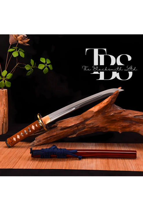 Handmade Damascus Steel Katana Sword – Orange Handle with Blue Lace and Golden Detailing Near Handle – Orange Blade Cover with Blue Lace – Full Tang Samurai Sword for Collectors, Anniversaries, Christmas, or Groomsmen Gifts - TheBlacksmithLtd #