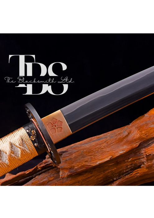 Handmade Damascus Steel Katana Sword – White Threaded Handle with Black and Golden Detailing Near Handle – Black Blade Cover with White Lace – Full Tang Samurai Sword for Collectors, Anniversaries, Christmas, or Groomsmen Gifts - TheBlacksmithLtd #