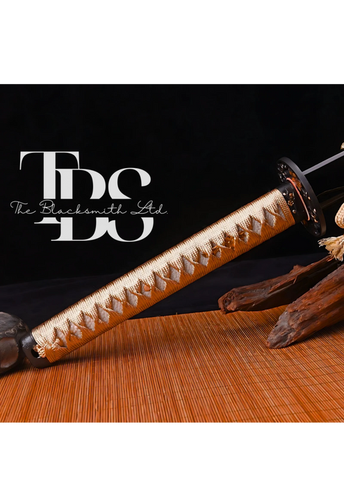 Handmade Damascus Steel Katana Sword – White Threaded Handle with Black and Golden Detailing Near Handle – Black Blade Cover with White Lace – Full Tang Samurai Sword for Collectors, Anniversaries, Christmas, or Groomsmen Gifts - TheBlacksmithLtd #