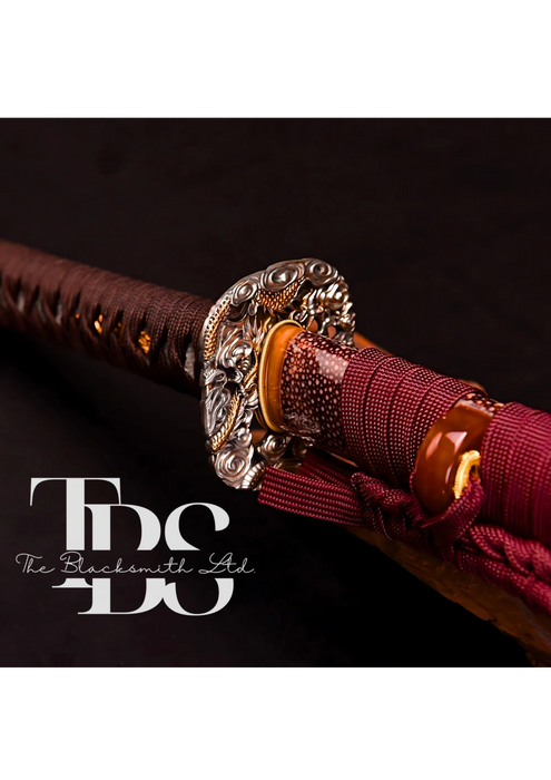 Handmade Damascus Steel Katana Sword – Purple Threaded Handle with Purple and Golden Detailing Near Handle – Black Blade Cover with Purple Lace – Full Tang Samurai Sword for Collectors, Anniversaries, Christmas, or Groomsmen Gifts - TheBlacksmithLtd #