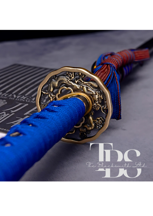 Handmade Damascus Steel Katana Sword – Blue Threaded Handle with Golden Detailing Near Handle – Black Blade Cover with Blue Lace – Full Tang Samurai Sword for Collectors, Anniversaries, Christmas, or Groomsmen Gifts - TheBlacksmithLtd #