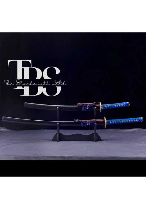 Handmade Damascus Steel Katana Sword – Blue Threaded Handle with Golden Detailing Near Handle – Black Blade Cover with Blue Lace – Full Tang Samurai Sword for Collectors, Anniversaries, Christmas, or Groomsmen Gifts - TheBlacksmithLtd #