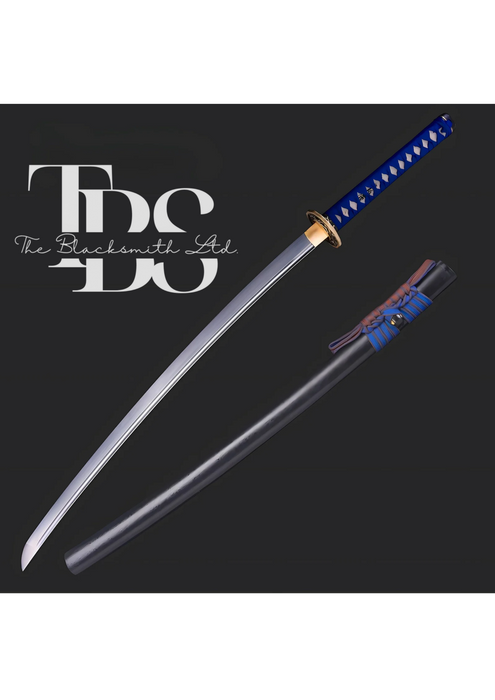 Handmade Damascus Steel Katana Sword – Blue Threaded Handle with Golden Detailing Near Handle – Black Blade Cover with Blue Lace – Full Tang Samurai Sword for Collectors, Anniversaries, Christmas, or Groomsmen Gifts - TheBlacksmithLtd #