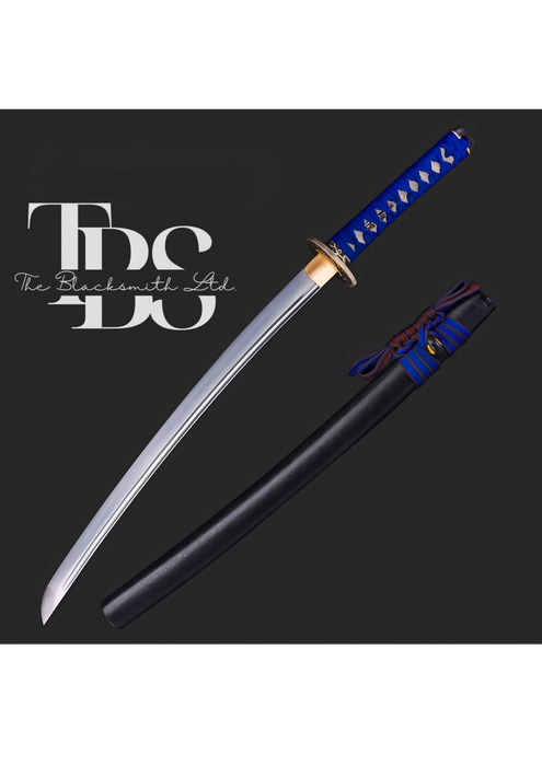 Handmade Damascus Steel Katana Sword – Blue Threaded Handle with Golden Detailing Near Handle – Black Blade Cover with Blue Lace – Full Tang Samurai Sword for Collectors, Anniversaries, Christmas, or Groomsmen Gifts - TheBlacksmithLtd #