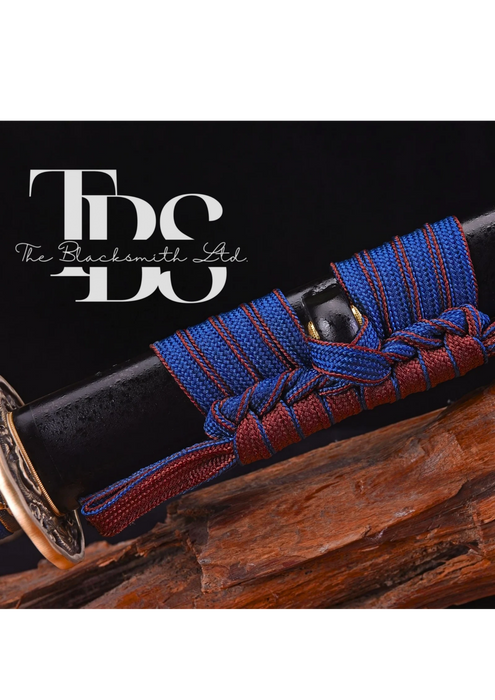 Handmade Damascus Steel Katana Sword – Blue Threaded Handle with Golden Detailing Near Handle – Black Blade Cover with Blue Lace – Full Tang Samurai Sword for Collectors, Anniversaries, Christmas, or Groomsmen Gifts - TheBlacksmithLtd #