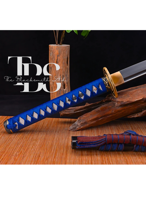 Handmade Damascus Steel Katana Sword – Blue Threaded Handle with Golden Detailing Near Handle – Black Blade Cover with Blue Lace – Full Tang Samurai Sword for Collectors, Anniversaries, Christmas, or Groomsmen Gifts - TheBlacksmithLtd #