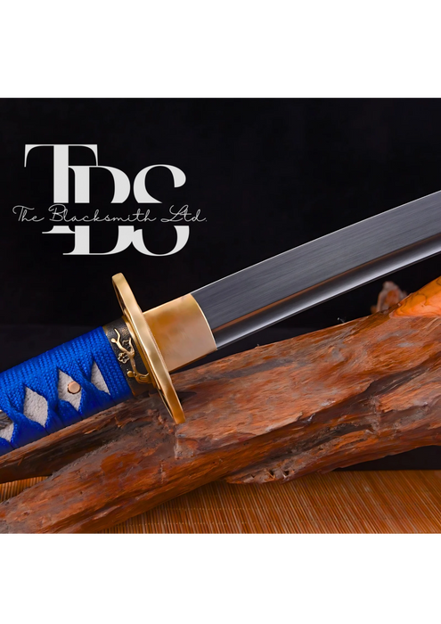 Handmade Damascus Steel Katana Sword – Blue Threaded Handle with Golden Detailing Near Handle – Black Blade Cover with Blue Lace – Full Tang Samurai Sword for Collectors, Anniversaries, Christmas, or Groomsmen Gifts - TheBlacksmithLtd #