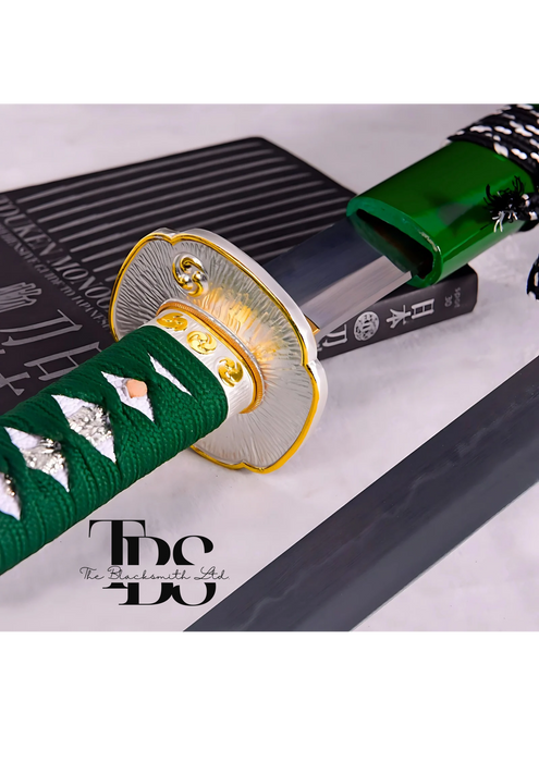 Handmade Damascus Steel Katana Sword – Green Threaded Handle with Silver Detailing Near Handle – Green Blade Cover with Lace – Full Tang Samurai Sword for Collectors, Anniversaries, Christmas, or Groomsmen Gifts - TheBlacksmithLtd #