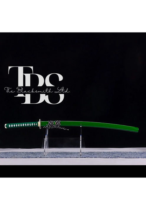 Handmade Damascus Steel Katana Sword – Green Threaded Handle with Silver Detailing Near Handle – Green Blade Cover with Lace – Full Tang Samurai Sword for Collectors, Anniversaries, Christmas, or Groomsmen Gifts - TheBlacksmithLtd #