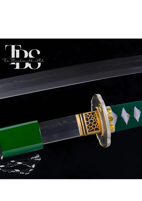 Handmade Damascus Steel Katana Sword – Green Threaded Handle with Silver Detailing Near Handle – Green Blade Cover with Lace – Full Tang Samurai Sword for Collectors, Anniversaries, Christmas, or Groomsmen Gifts - TheBlacksmithLtd #