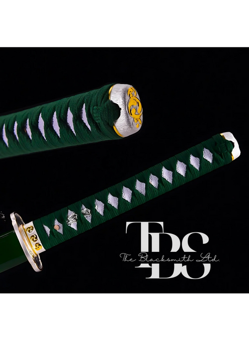 Handmade Damascus Steel Katana Sword – Green Threaded Handle with Silver Detailing Near Handle – Green Blade Cover with Lace – Full Tang Samurai Sword for Collectors, Anniversaries, Christmas, or Groomsmen Gifts - TheBlacksmithLtd #