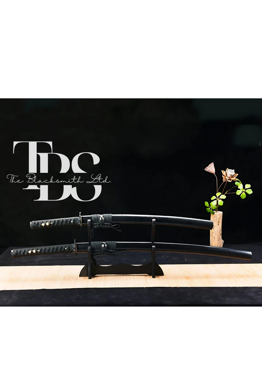 Handmade Damascus Steel Katana Sword – Black Handle with Black Detailing – Black Blade Cover – Full Tang Samurai Sword for Collectors, Anniversaries, Christmas, or Groomsmen Gifts - TheBlacksmithLtd #