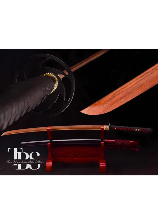 Handcrafted Damascus Steel Katana Sword with Black Handle and Red Design, Black and Red Blade Cover, and Black Detailing Below Handle – Customizable for Anniversary, Groomsmen Gifts, Christmas Gifts, and Collectors - TheBlacksmithLtd #