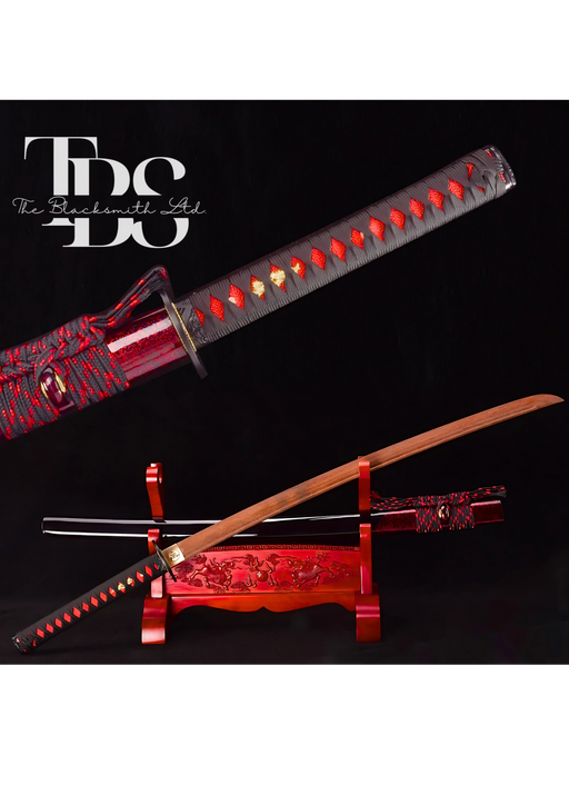 Handcrafted Damascus Steel Katana Sword with Black Handle and Red Design, Black and Red Blade Cover, and Black Detailing Below Handle – Customizable for Anniversary, Groomsmen Gifts, Christmas Gifts, and Collectors - TheBlacksmithLtd #