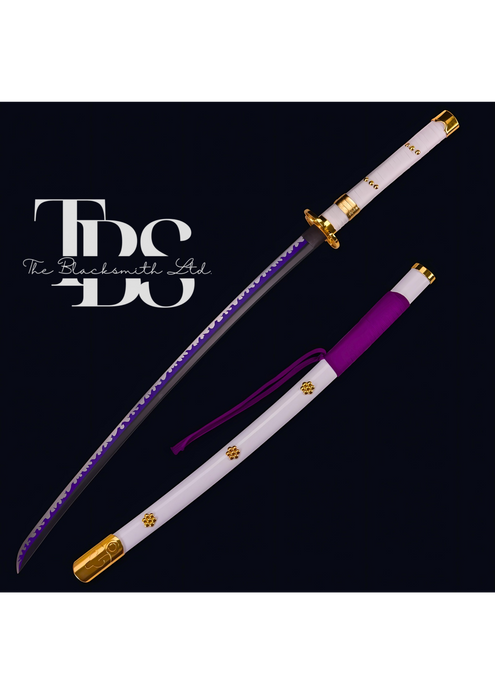 Set of Two Handcrafted Damascus Steel Katana Swords – Blue Blade Cover with Purple Handle, and White Blade Cover with White Handle – Customizable for Anniversary, Groomsmen Gifts, Christmas Gifts, and Collectors - TheBlacksmithLtd #