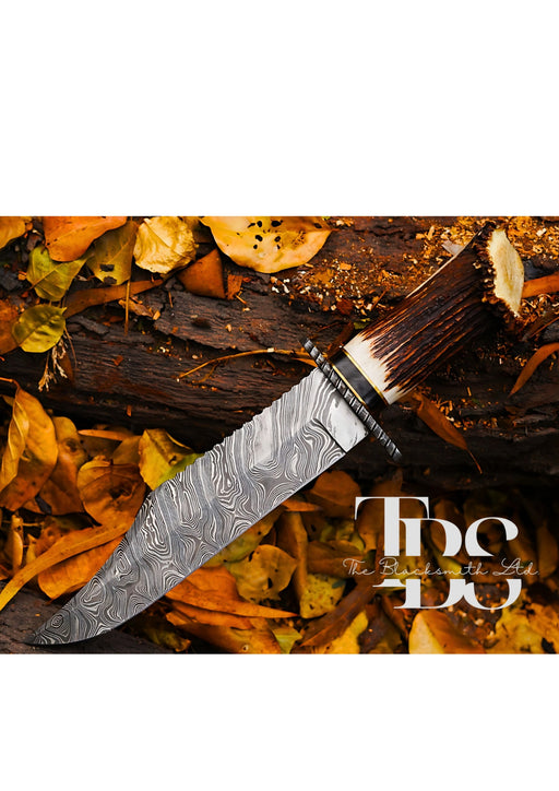 Handcrafted Damascus Steel Hunting Knife with Stag Horn Handle, Custom Bowie Knife, Outdoor Camping Knife, Survival Knife, Christmas Gift, Groomsmen Gift - TheBlacksmithLtd #