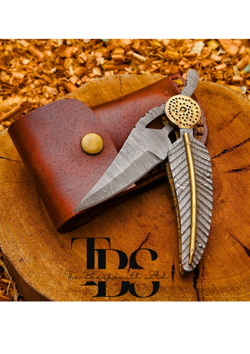 Handcrafted Folding Leaf Knife, Fantasy Weapon with Damascus Steel Blade, Unique Collectible Knife, Compact Folding Knife, Christmas Gift, Anniversary Gift, Groomsmen Gift - TheBlacksmithLtd #