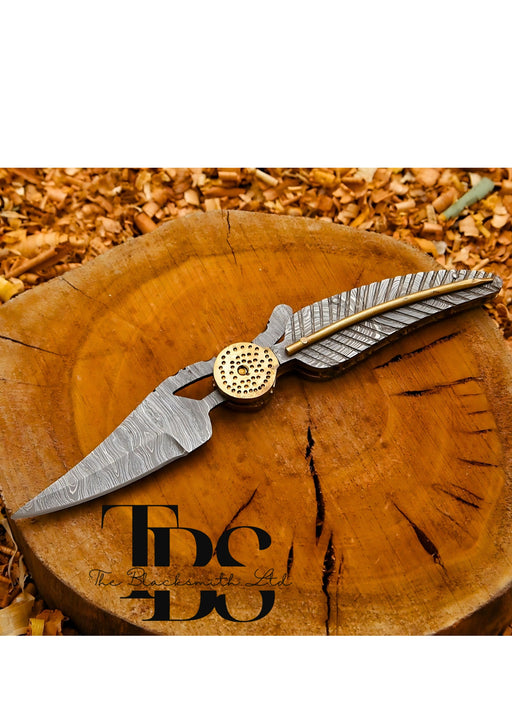 Handcrafted Folding Leaf Knife, Fantasy Weapon with Damascus Steel Blade, Unique Collectible Knife, Compact Folding Knife, Christmas Gift, Anniversary Gift, Groomsmen Gift - TheBlacksmithLtd #