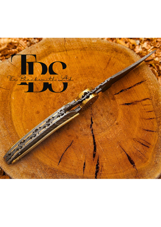 Handcrafted Folding Leaf Knife, Fantasy Weapon with Damascus Steel Blade, Unique Collectible Knife, Compact Folding Knife, Christmas Gift, Anniversary Gift, Groomsmen Gift - TheBlacksmithLtd #