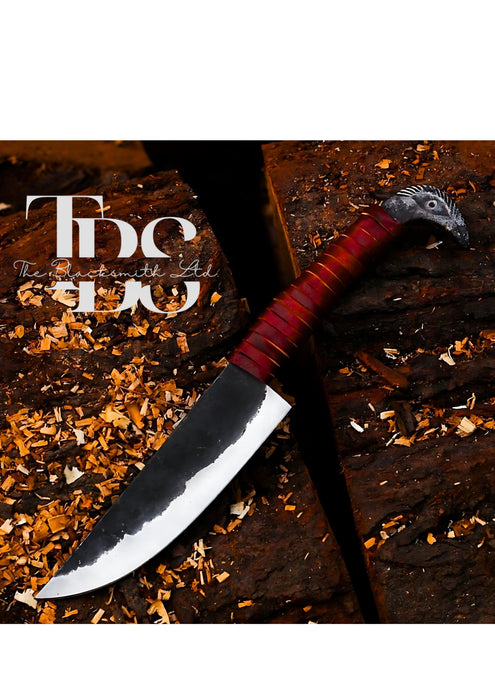 Handcrafted Eagle-Handle Fantasy Knife, Sharp Damascus Blade, Maroon Leather-Wrapped Handle, Collector’s Edition, Unique Gift, Christmas Gift, Anniversary Gift, Groomsmen Gift - TheBlacksmithLtd #